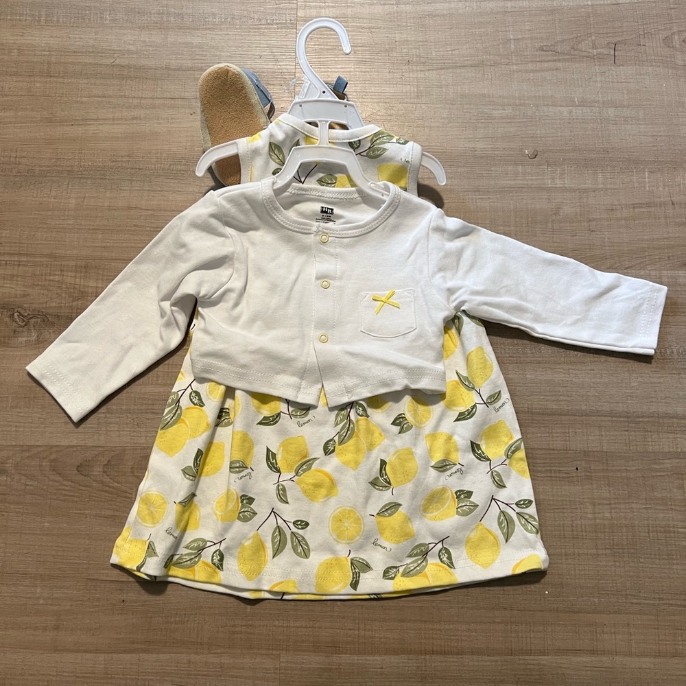 Hudson Baby Lemon 3 Piece Cardigan And Dress Set Size 9-12 Months, NWT